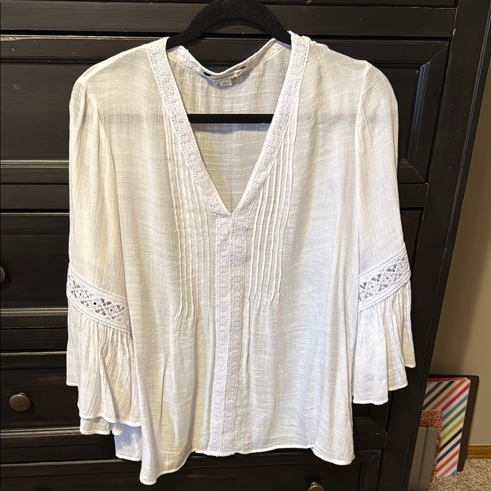 Counterparts White Bell Sleeve Blouse with Bib Collar